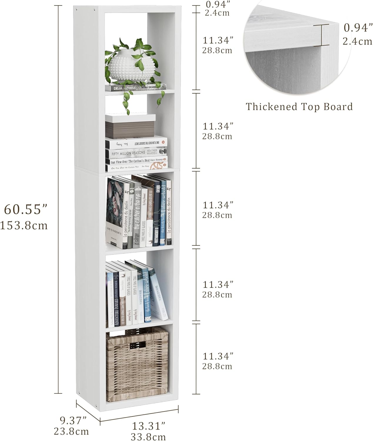 Tall Cube Storage Organizer Bookcase, 5 Tier 11 inch Open Back Cubical Shelf with Thickened Border, Display Bookshelf for Living Room, Home Office, Sturdy Room (White, 5 Cube,Vertical)