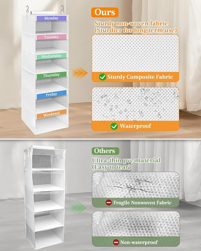 punemi Weekly Clothes Organizer for Kids, 6-Shelf Hanging Closet Storage with Side Pockets, Days of The Week Design, 11.8" x 11.8" x 37.8", Perfect for Organizing a Week's Worth of Kids' Clothing