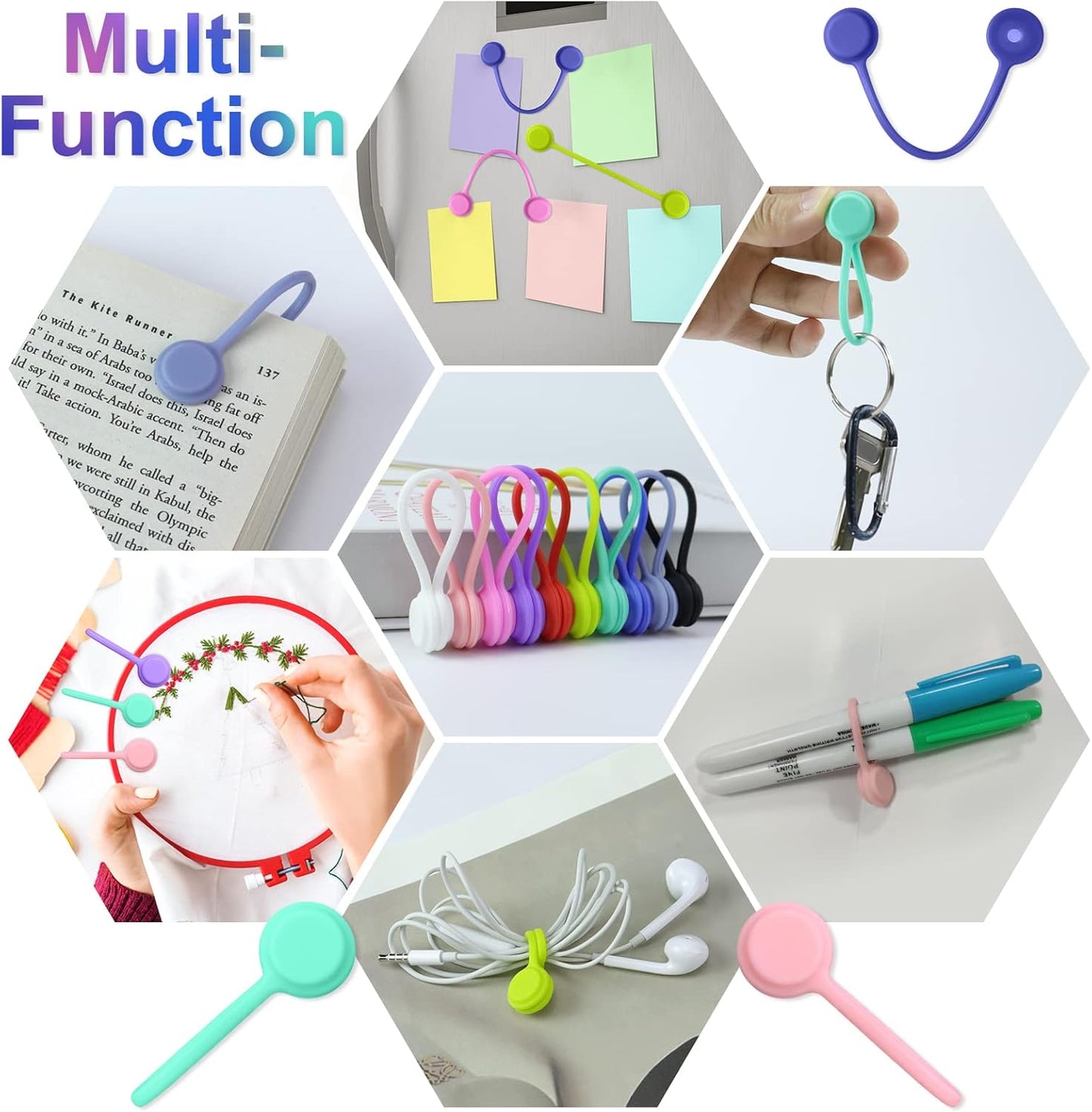 Motiloo Reusable Magnetic Cable Ties for Bundling and Organizing, Holding Stuff, Book Markers, Fridge Magnets Twist Ties(10 Colors - 10 Pack)