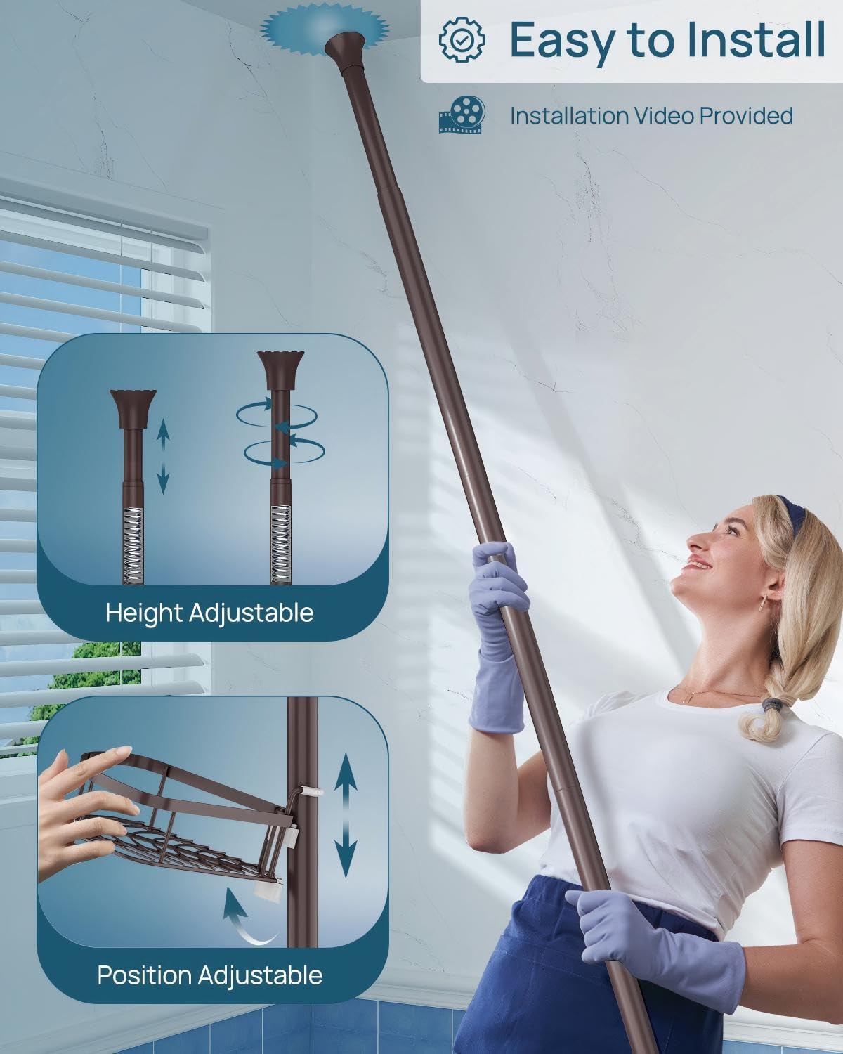 SEIRIONE Rustproof Shower Corner Caddy Organizer for Bathroom,Tension Pole with 4 Baskets, for Bathtub Storage Rack, 34 to 116 Inch Height, Bronze