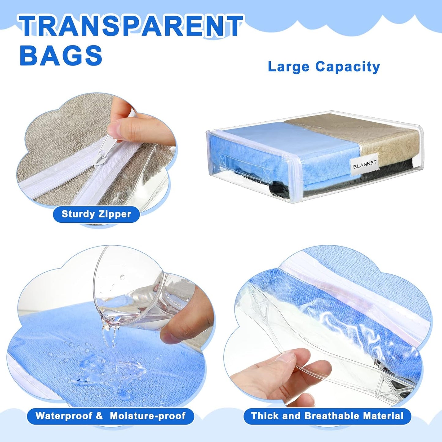 Kenning Set of 20 Clear Vinyl Zippered Storage Bags for Sheet Organizer Plastic Sweater Bags with Handle Pocket for Bed Blanket Throw Pillow Toys(White,11 x 15 x 4 Inch)