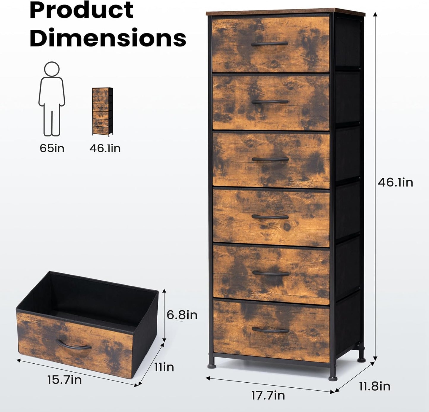 Crestlive Products Vertical Dresser Storage Tower - Sturdy Steel Frame, Wood Top, Easy Pull Fabric Bins- Organizer Unit for Bedroom, Hallway, Entryway, Closets - 6 Drawers (Rustic Brown)