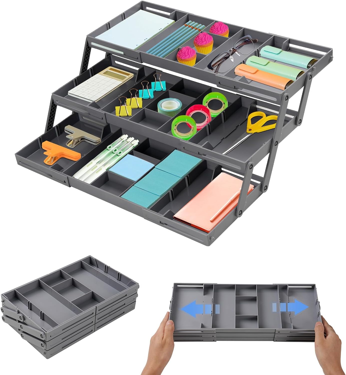Smart Drawer Organizer Multi Level, Adjustable Folding Junk Drawer Organizer For Kitchen, Bathroom, Office, And Bedroom – Space-Saving Makeup Organizer (Grey)