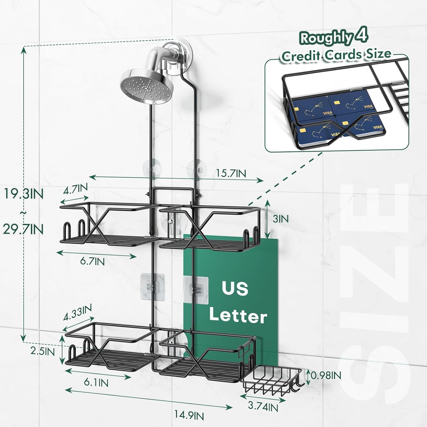 Stainless Steel Hanging Shower Caddy for Handheld Shower Heads,Adjustable Height Extra Long Bathroom Shower Organizer Hanger Rack with Hooks,Soap Holder
