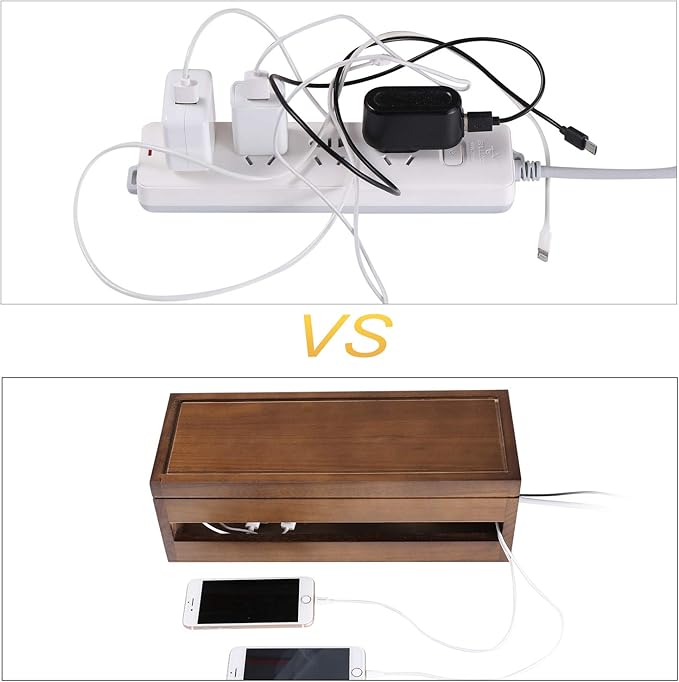 Changsuo Cable Management Box Wooden Cord Organizer Box for Extension Cord Power Stripe Surge Protector Wire Management Concealer Cover Hider for Desktop Home Office Kitchen (Brown)