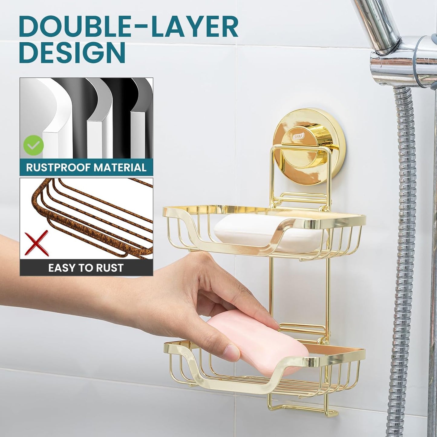 TAILI Double Layer Soap Holder, Bar Soap Dish Suction Cup for Shower Wall, Draining Saver Tray for Bathroom, Rustproof Stainless Steel Sponge Holder for Tub, Kitchen, Drill-Free, Gold