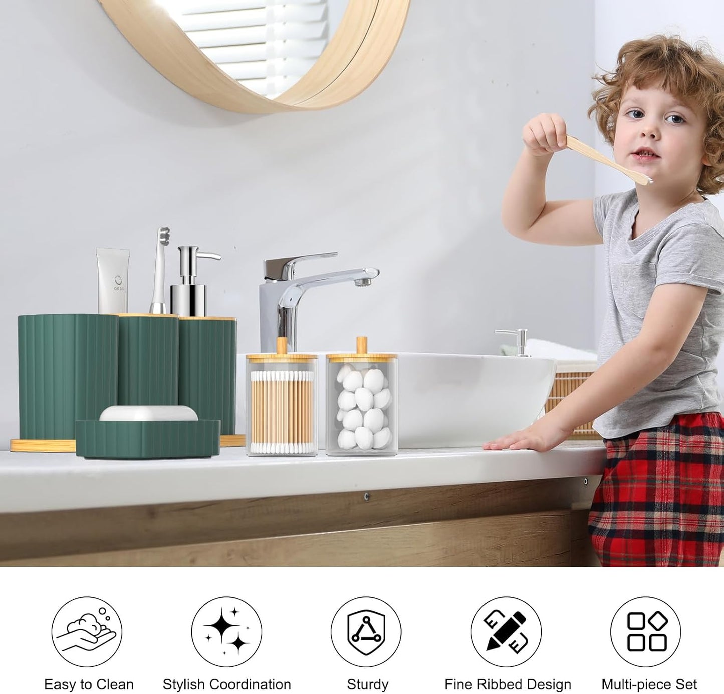 Bathroom Accessories Set - 22PCS Bathroom Set with Shower Curtain, Trash Can, Toilet Brush Holder Set & Soap Dispenser – Stylish & Functional Bath Decor for Home, Apartment, Green