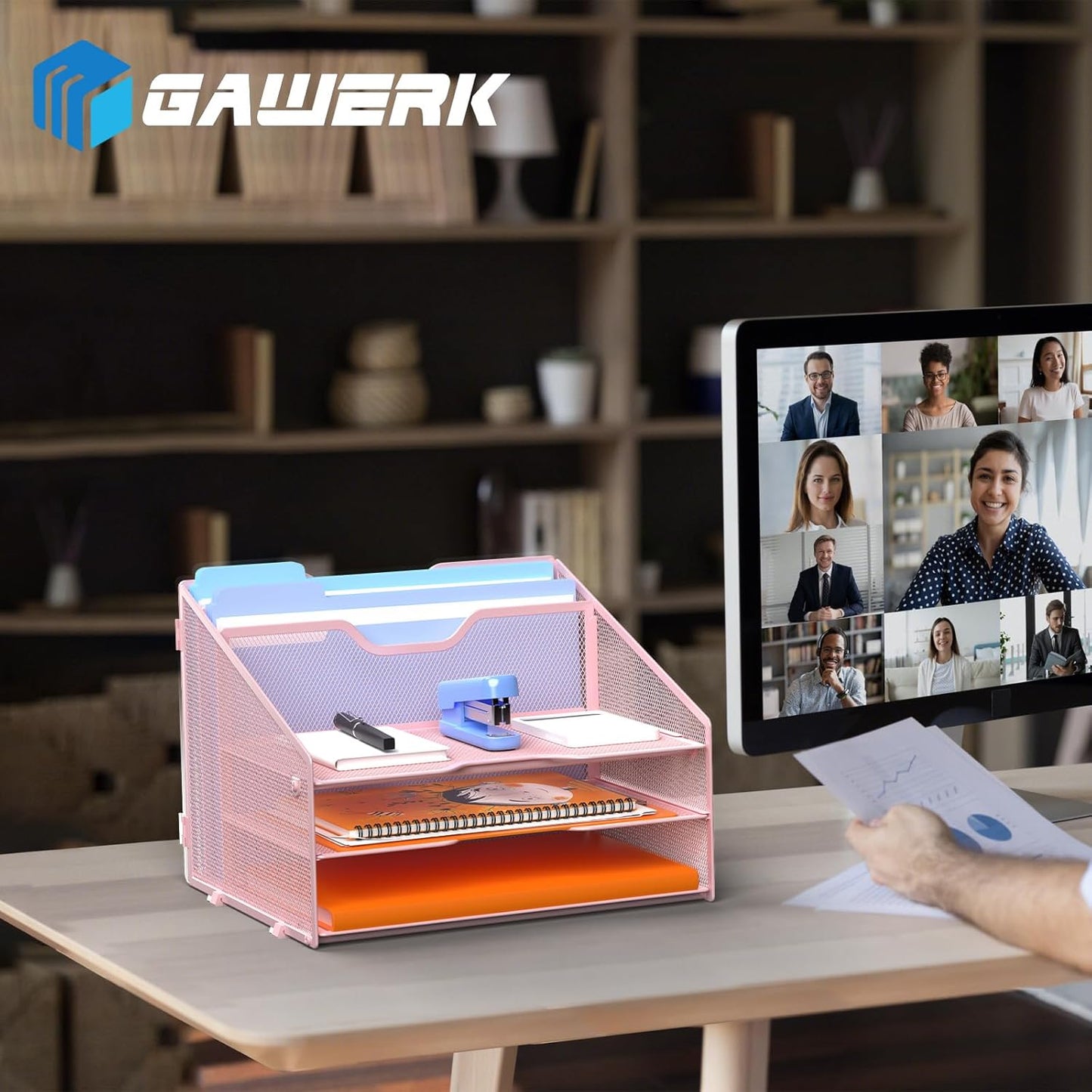 Letter Tray Organizer, Mesh Desk File Organizer with 3 Paper Trays and 2 Vertical Upright Section (Pink)