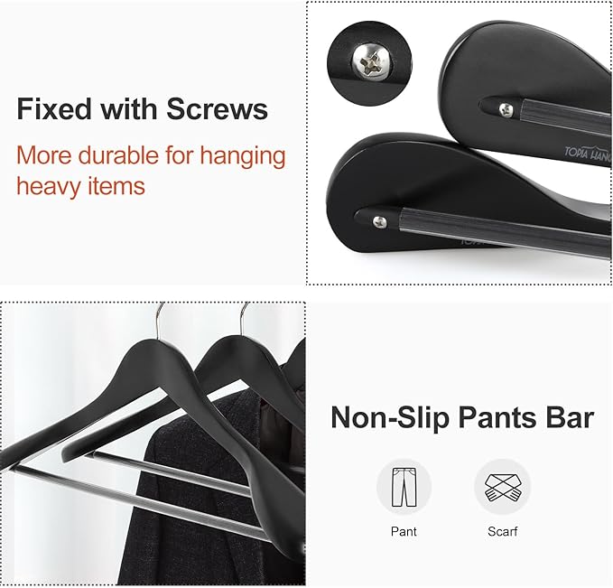TOPIA HANGER Wide Shoulder Wooden Hangers, Suit Hangers with Non Slip Pants Bar & 360° Swivel Hook, Solid Wood Heavy Duty Coat Hanger, 10 Pack (Matte Black)-CT02B-10