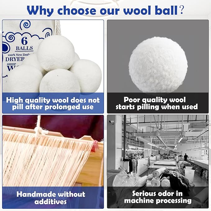 Reusable Wool Dryer Balls for Laundry, 6-Pack Handmade Drying Balls 2.36 in, Natural Fabric Softener, Helps Soften Clothes and Shorten Drying Time, with Cotton Storage Bag