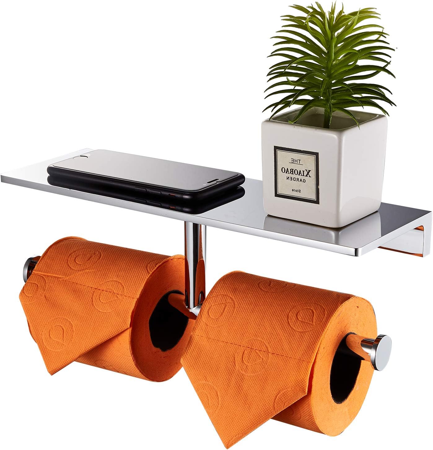 Double Roll Toilet Paper Holder with Shelf Solid Brass and Superior Hotel Style Tissue Dispenser Spared Storage Polished Chrome Finish