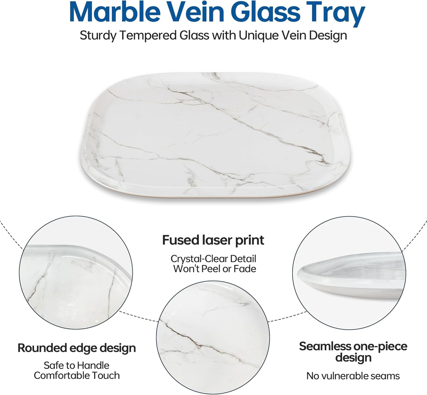 Vanity Decorative Glass Tray,12" x 12" White Marble Pattern Perfume Tray, Bathroom Tray Countertop Organizer for Soap Towel, Jewelry, Candle