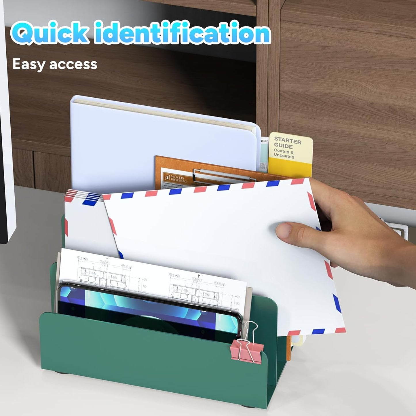 Mail Organizer Countertop, Small Desk File Organizer, Metal File Holder - Essential Workspace Organizers for Office Desk, Home Office (Green)