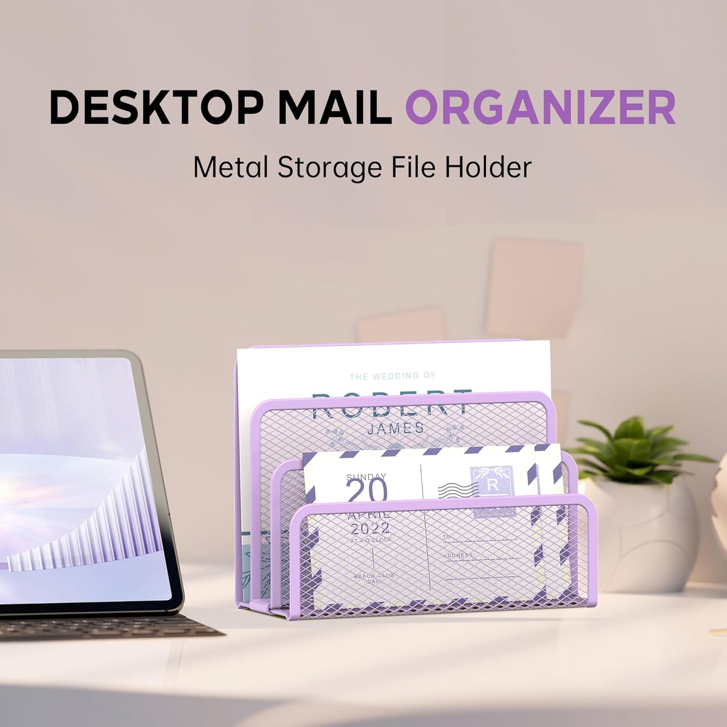 SUPEASY Mail Organizer for Desk, Mesh Metal Mail Holder Countertop with 3-Slot, Letter Sorter File Holder, Office Envelope Organizer for Mails (Purple)