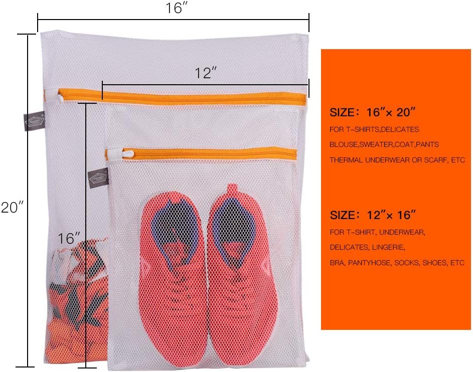 Kimmama Laundry Mesh Wash Bags, Lingerie Bags for Washing Delicates, White Net, Orange Zipper, 1L & 1M