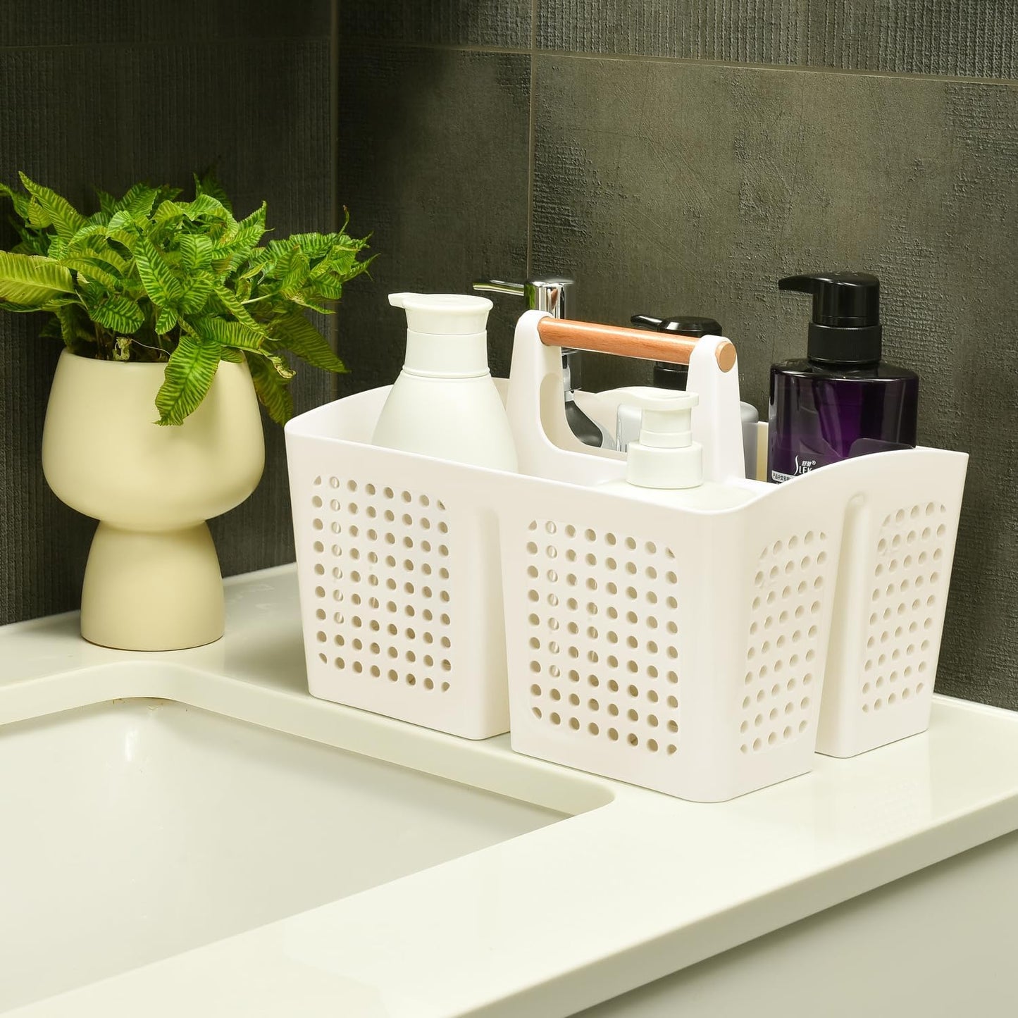 Portable Shower Caddy Basket with Compartments, Plastic Divided Cleaning Caddy Organizer Storage Tote with Handle for Bathroom, College, Dorm Room Essentials, White