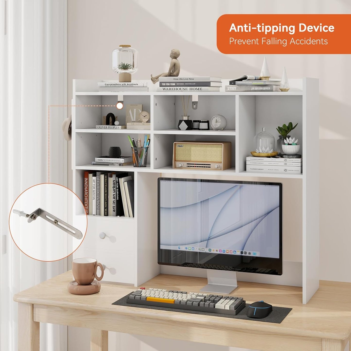 ELECWISH Desktop Bookshelf, Desk Shelf with 2 Drawers for Computer Desk, 36.22" 7-Tier Adjustable Desktop Hutch Organizer with Pegboard for Home Office, White