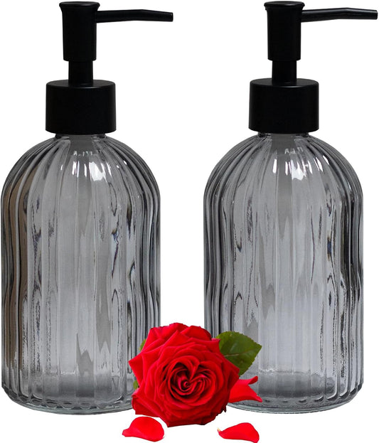 Gray Glass Soap Dispenser Set with Black Pump, 13.5oz Refillable Liquid Hand Soap Dispenser, Lotion Dish Soap Dispenser for Modern Home Decor, Bathroom, Kitchen Countertop, Hotel(2 Pack)