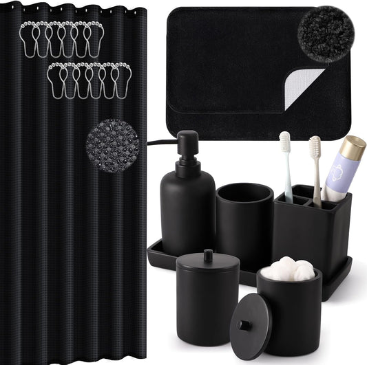 21 Pcs Bathroom Accessory Set with Waterproof Shower Curtain and Non Slip Mat,Resin Bath Set with Toothbrush Holder and Lotion Soap Dispenser,Bathroom Countertop Organizer Set for Home Apartment