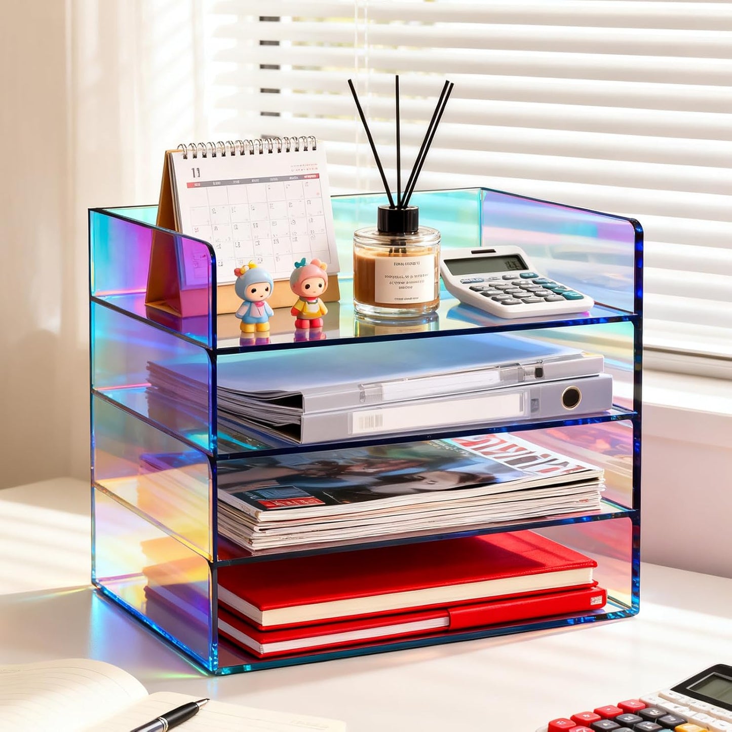 Gelite Acrylic File Organizer for Desk 4 Tiered Stackable Letter Tray Office Paper Storage Desktop Document Sorter, Iridescent
