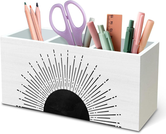 DILSJ Boho Abstract Sunshine Pen Pencil Holder Organizer for Desk, Boho Office Decor, Black and White Mid Century Modern Minimalist Sunshine Wooden Box Signs for Home Office Desk Tabletop Decoration
