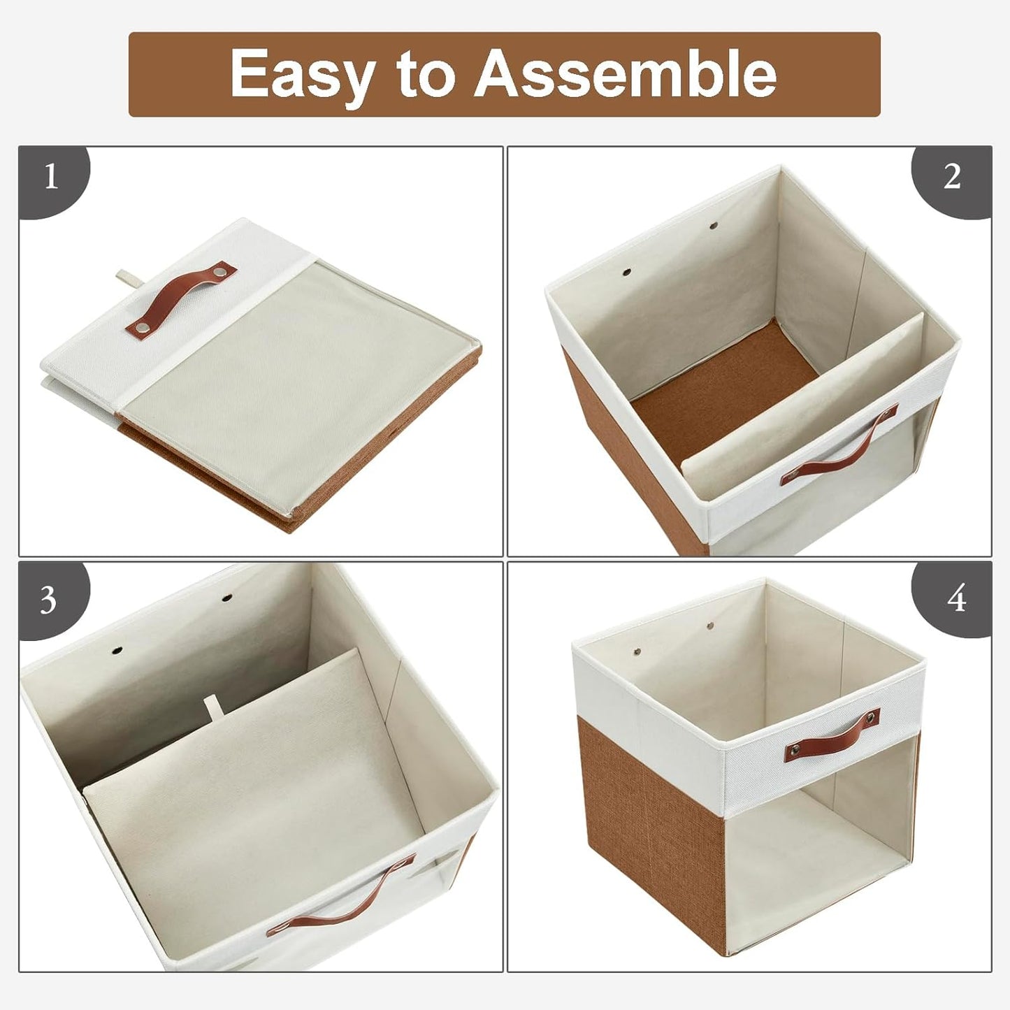 Storage Cubes, 4 Pack Linen Foldable Storage Bins (13 x 13 inch) with Clear Window and Handles, Fabric Organizer for Shelf Closet, Clothes, Books - (Brown and White)