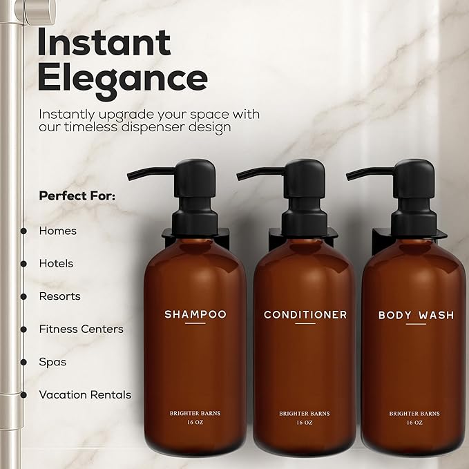 Amber Shampoo and Conditioner Dispenser Set Wall Mounted by Brighter Barns - Plastic Shower Dispenser Set - 3 Chamber Drill Free Shampoo Bottles - Modern Bathroom Decor for Guest Bathroom, Spa (Amber)