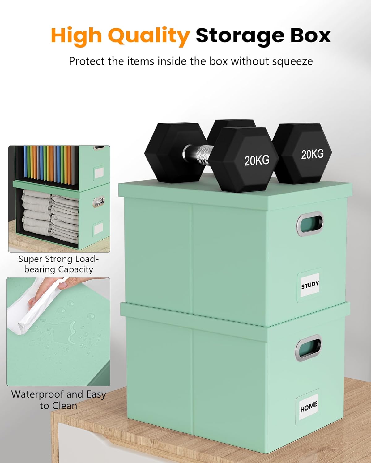 Oterri File Organizer Box,Filing Box with Lid,File Box for Letter/Legal File Folder Storage, Portable Hanging File Box for Office/Decor/Home,1 Pack, Mint-green(Leather),Box only