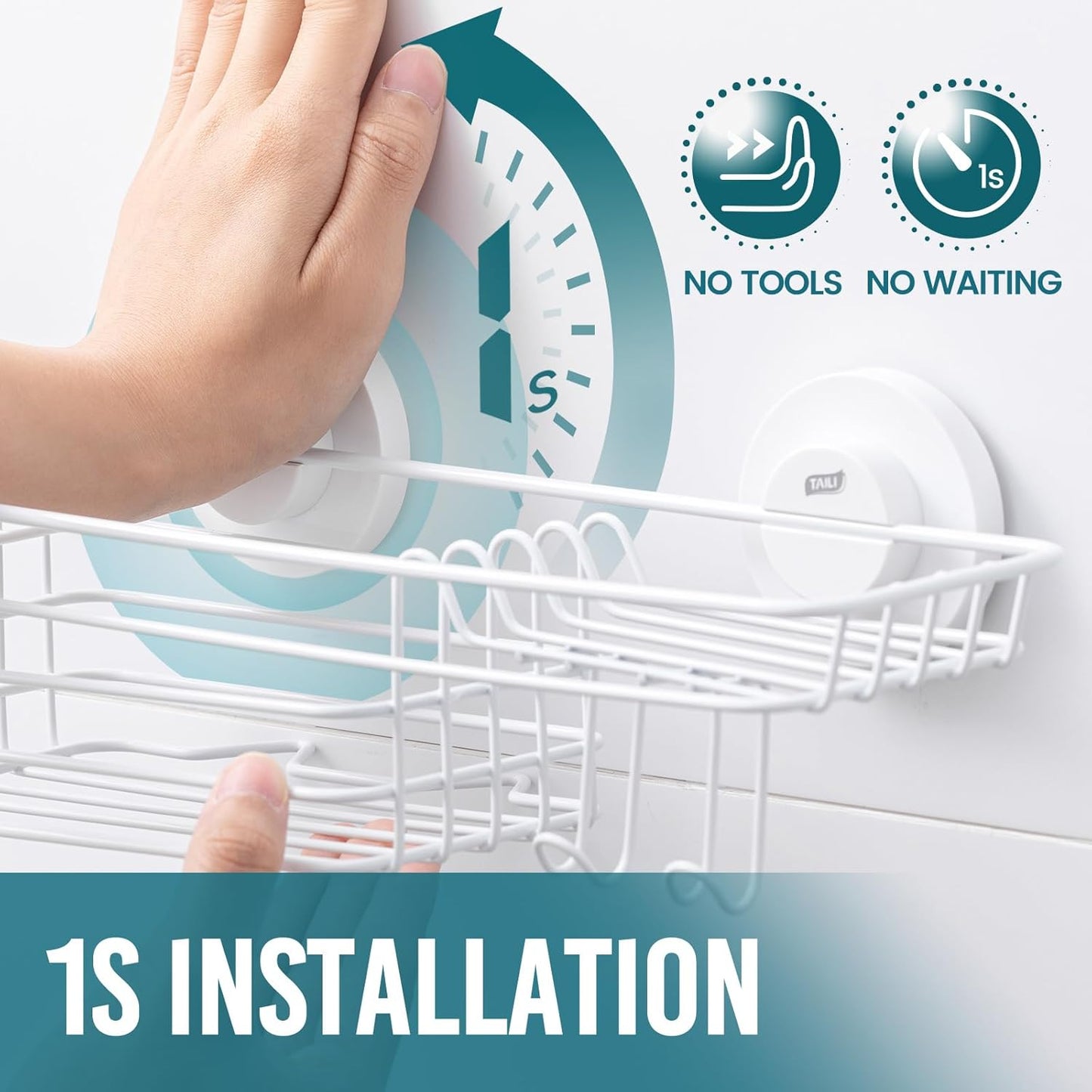 TAILI Shower Caddy Suction Cup with Hooks & Soap Holder, Heavy Duty Bathroom Shower Organizer, No Drilling Shelves for Inside Bathroom, Metal Storage Basket-White