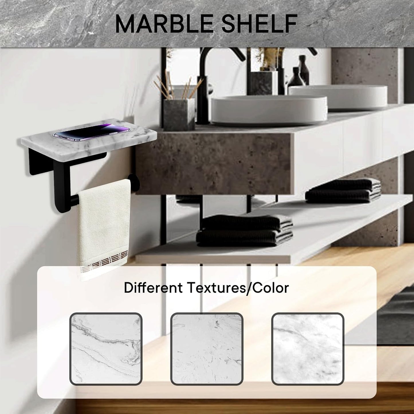 Toilet Paper Holder with Natural Marble Shelf for Bathroom Washroom,Wall Mounted Tissue Holder Suitable for Mega Roll (Small 6.7 * 4.3 in Matte Black)