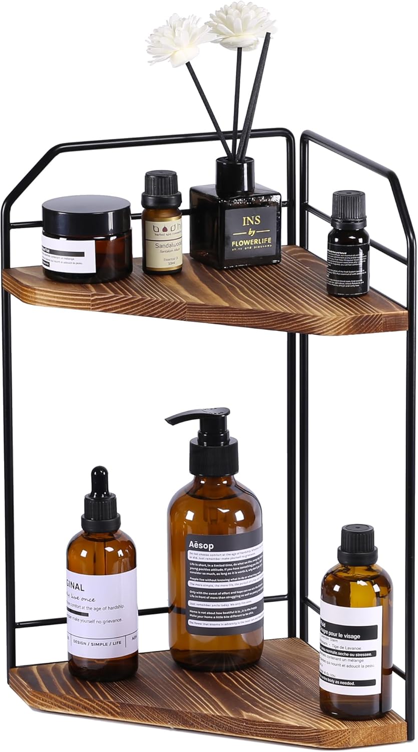 Corner Bathroom Counter Organizer - 2 Tier Wood Vanity Counter Shelf Perfume Skincare Holder, Countertop Corner Shelf Organizer for Bathroom, Kitchen, Brown