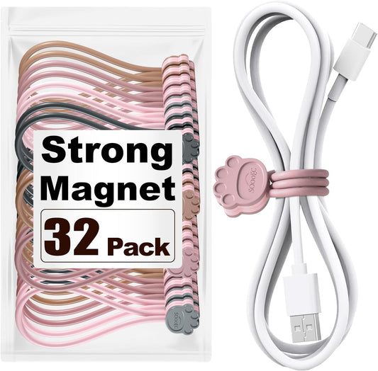 SOOOEC Magnetic Cable Ties, 32 Pack 7.2" Magnetic Cord Organizer Cute Cat's Paw Design, Silicone Twist Ties with Strong Magnet for Bundling and Cable Management, Fridge Magnets.