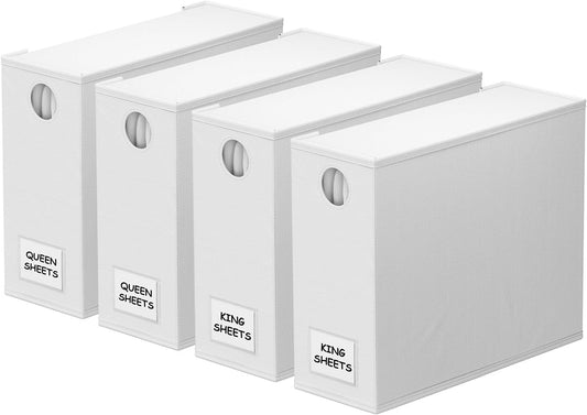 SpaceAid 4 Pack Bed Sheet Organizers and Storage, Foldable Sheet Organizer for Linen Closet, Sheets Set Folder Keeper with Window XL (Queen & King Size) Organizing Bedding Container, White