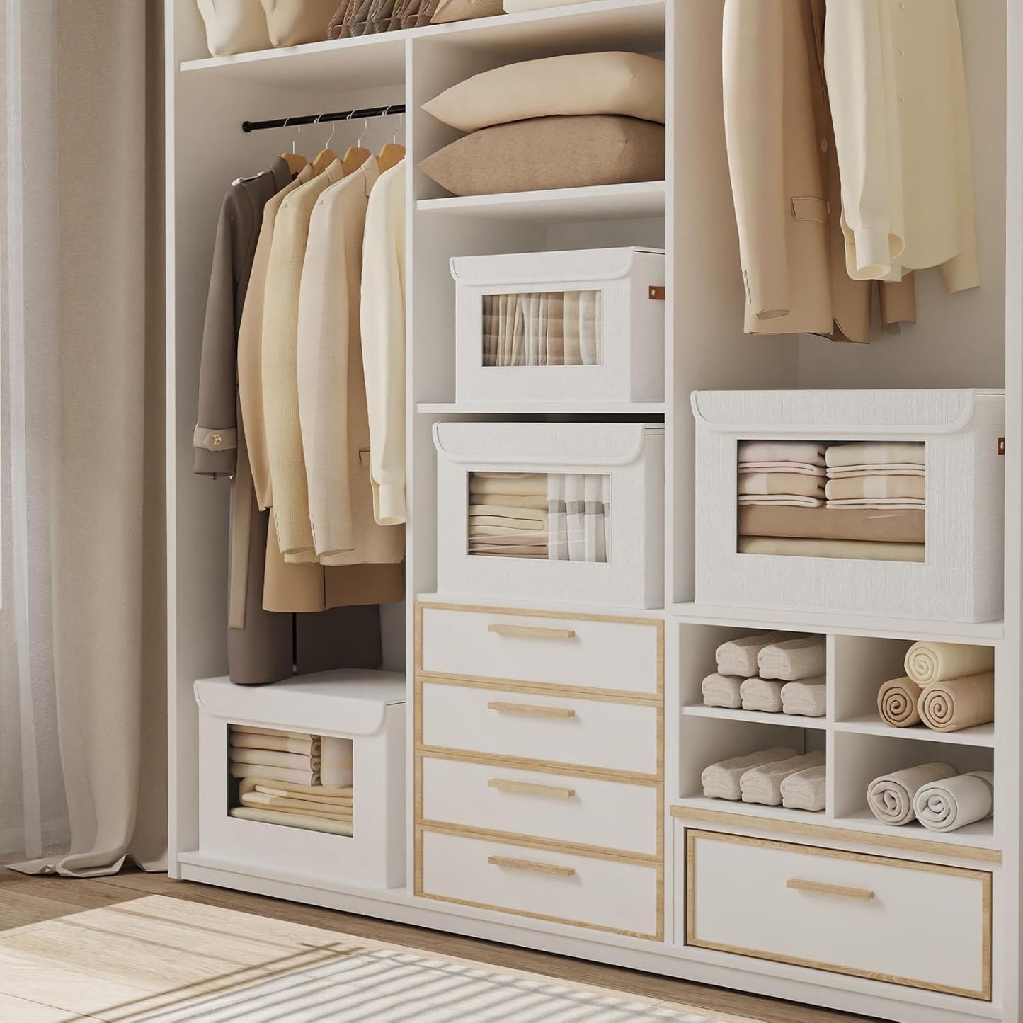 Fabric Storage boxes, 13 x 9.1 x 7.9 inch Blanket Baskets for Shelves with Lids, Cubes with Handles, Decorative Linen Closet Organizers Bins, White, 3-Pack