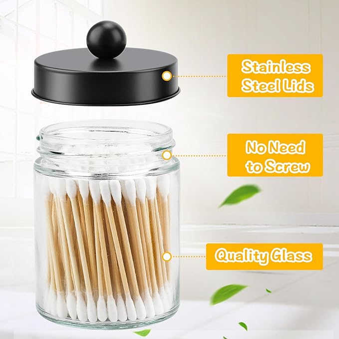 4 Pack Glass Apothecary Jars with Lids for Bathroom, Cute Qtip Holder, Black Bathroom Accessories Set, Small Bathroom Canisters with Lids for Q-Tips, Cotton Swabs, Black Bathhouses Decor
