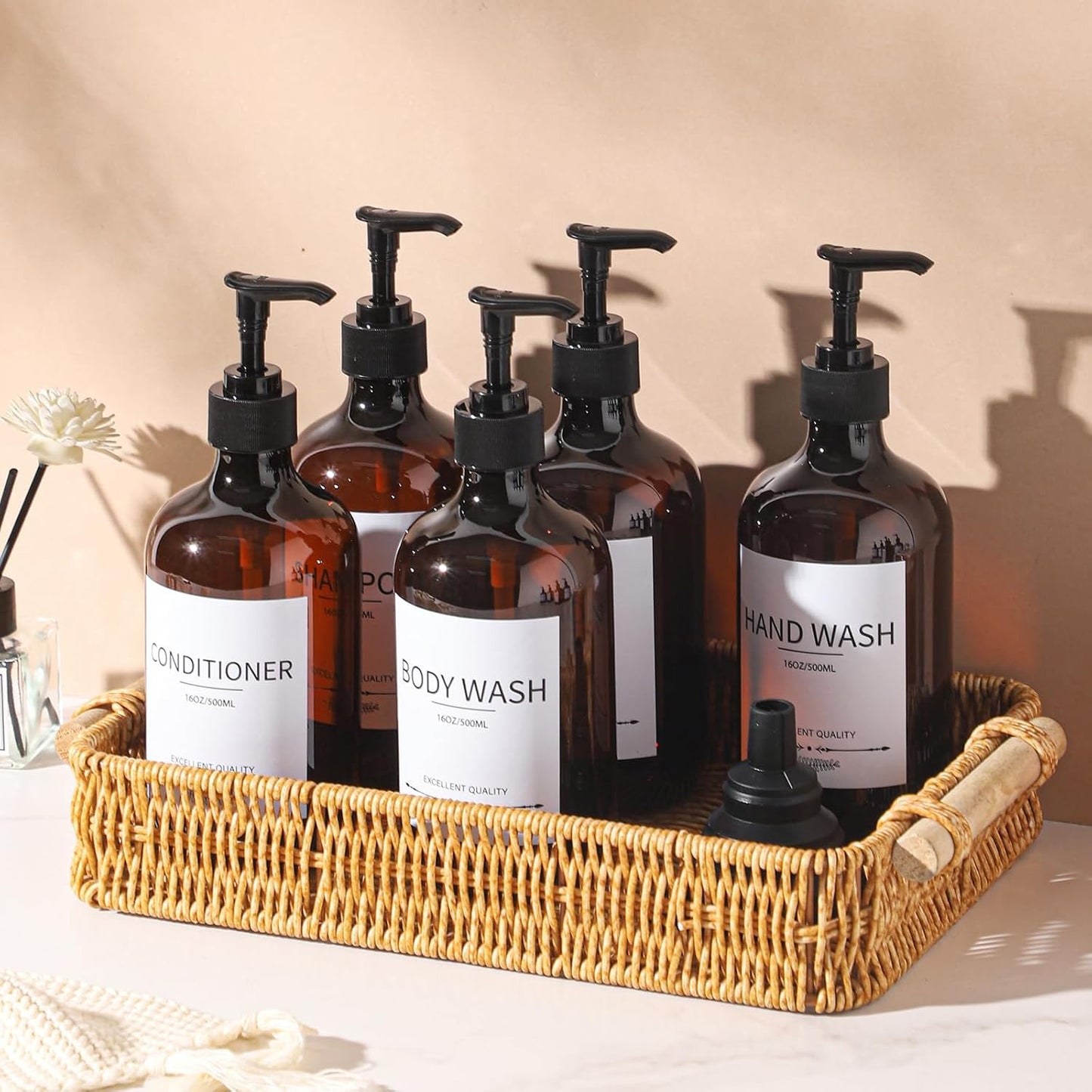 Stylish Shampoo Bottles Refillable with Pump,(5Pack) Amber Shampoo and Conditioner Dispenser,Shampoo Bottles with 8pcs Lables