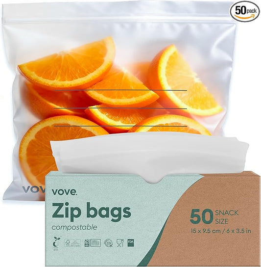 Vove Compostable Snack Bags, Small 50 Count – Freezer Safe, Leak Resistant, Non Toxic, Writable & Reusable Food Storage, Plastic-Free Eco Bags