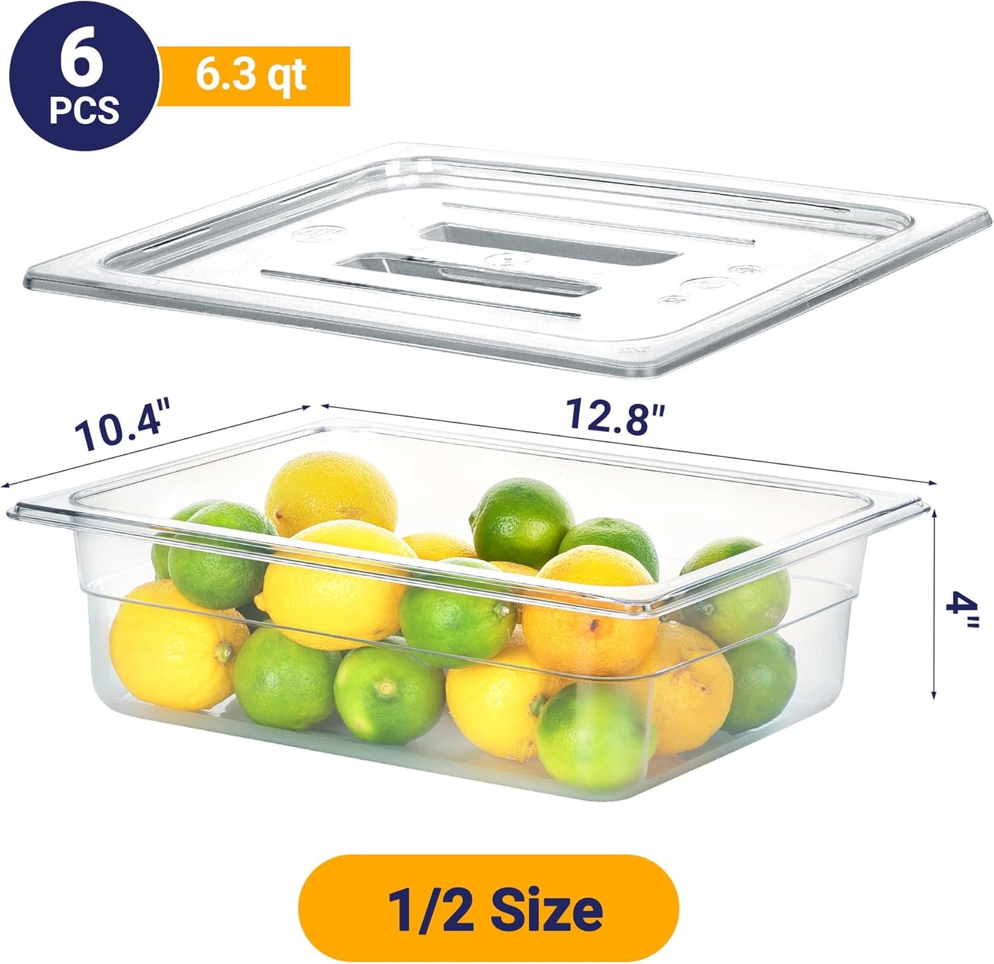 6 Pack NSF Food Pans with Lids, 1/2 Size 4'' Deep Commercial Food Storage Containers, Polycarbonate, Clear