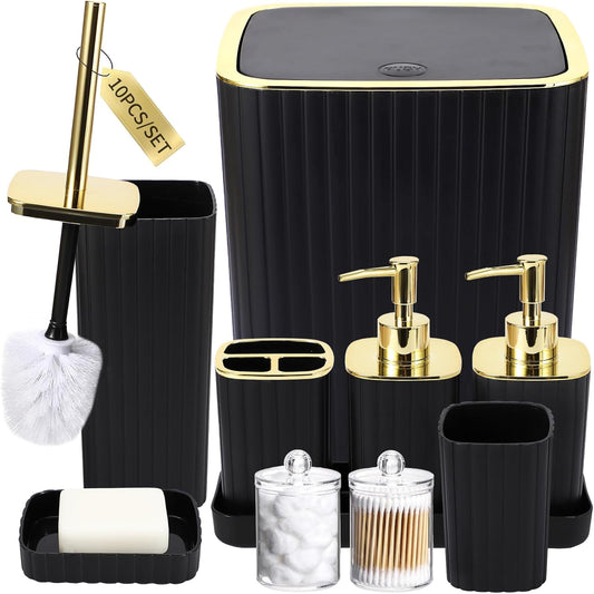 Bathroom Accessories Set - Gorgeous Bathroom Set, 10PC Bathroom Accessory Set, Toilet Brush, Trash Can, Qtip Holder Dispenser & Soap Dispenser