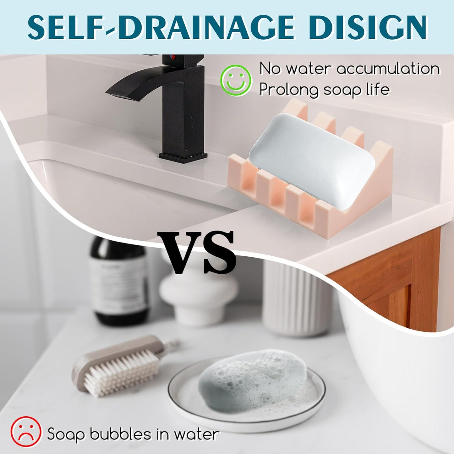 Silicone Soap Dish with Drain, Upgrade Double Suction Cups at The Bottom for Anti-Slip and Stability, Soap Dish Shower Waterfall Bar Soap Holder Tray with Drain Soap Holder (1, Pink)