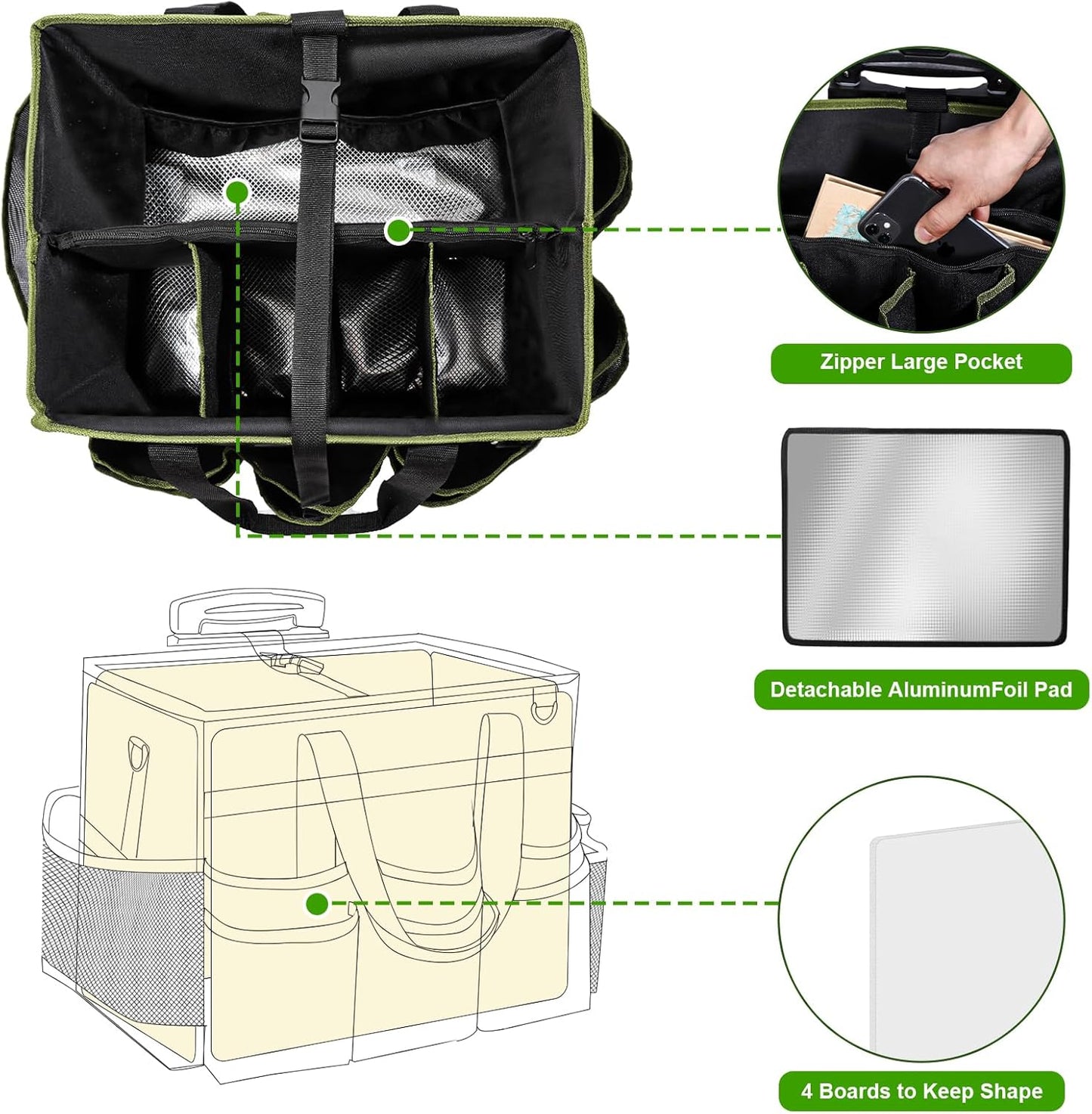 Large Rolling Cleaning Caddy Bag, Cleaning Caddy with Wheels with Detachable Trolley for Housekeepers, Water Resistant Cleaner Supplies Organizer with Wheels for Kitchen, Car, Picnic(Black-Green)