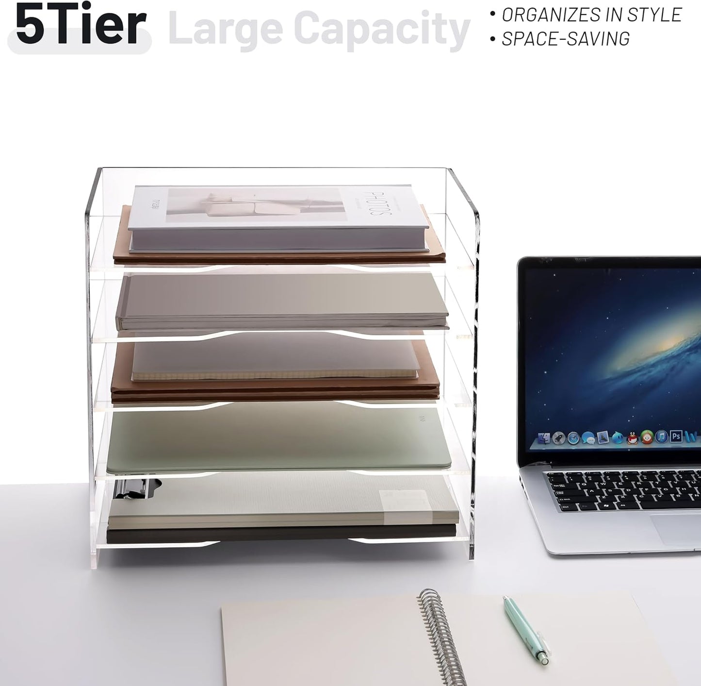 SANRUI Acrylic Desk File Organizer 5 Tier Letter Tray Paper Organizer with Handle for Office, Home, Classroom Clear Desk Organizer Document Holder