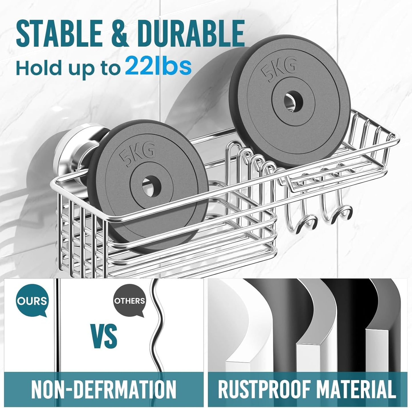 TAILI Shower Caddy Suction Cup with Hooks & Soap Holder, Heavy Duty Bathroom Shower Organizers, Removable Bathroom Shelves for Inside,Stainless Steel Holder Organizer-Silver