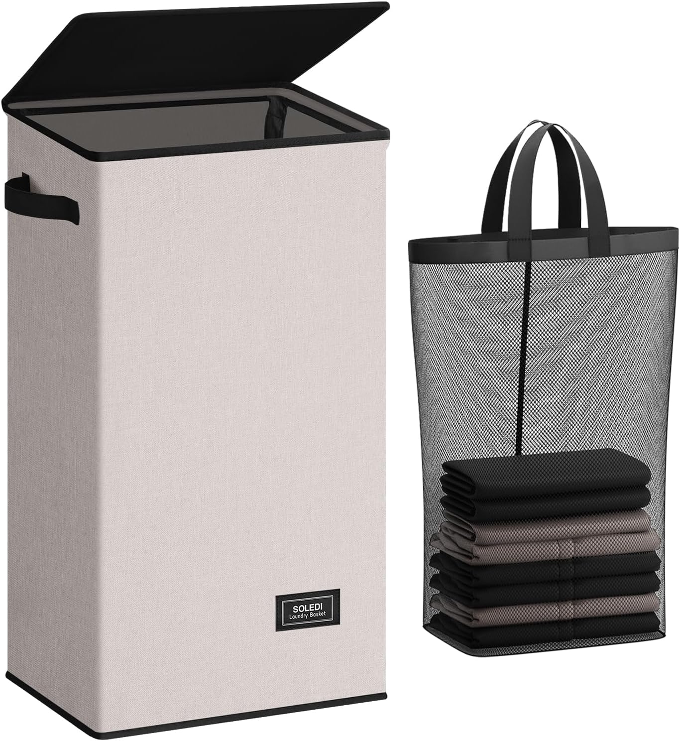 SOLEDI Laundry Hamper with Lid 100L Large & Tall Collapsible Laundry Basket, Clothes Hamper with Bag Removable Easy to Carry, Dirty Hampers for Bedroom, Bathroom, Dorm, College,Light taupe
