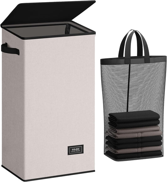 SOLEDI Laundry Hamper with Lid 100L Large & Tall Collapsible Laundry Basket, Clothes Hamper with Bag Removable Easy to Carry, Dirty Hampers for Bedroom, Bathroom, Dorm, College,Light taupe