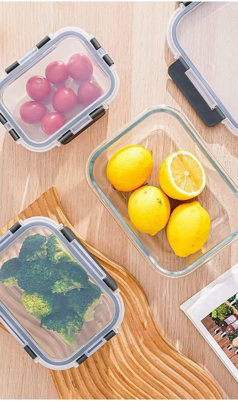 [6-piece set] Glass food preparation and storage containers with lids that provide a good seal. Glass lunch boxes that are microwave, oven, freezer, dishwasher safe. (Rectangle)