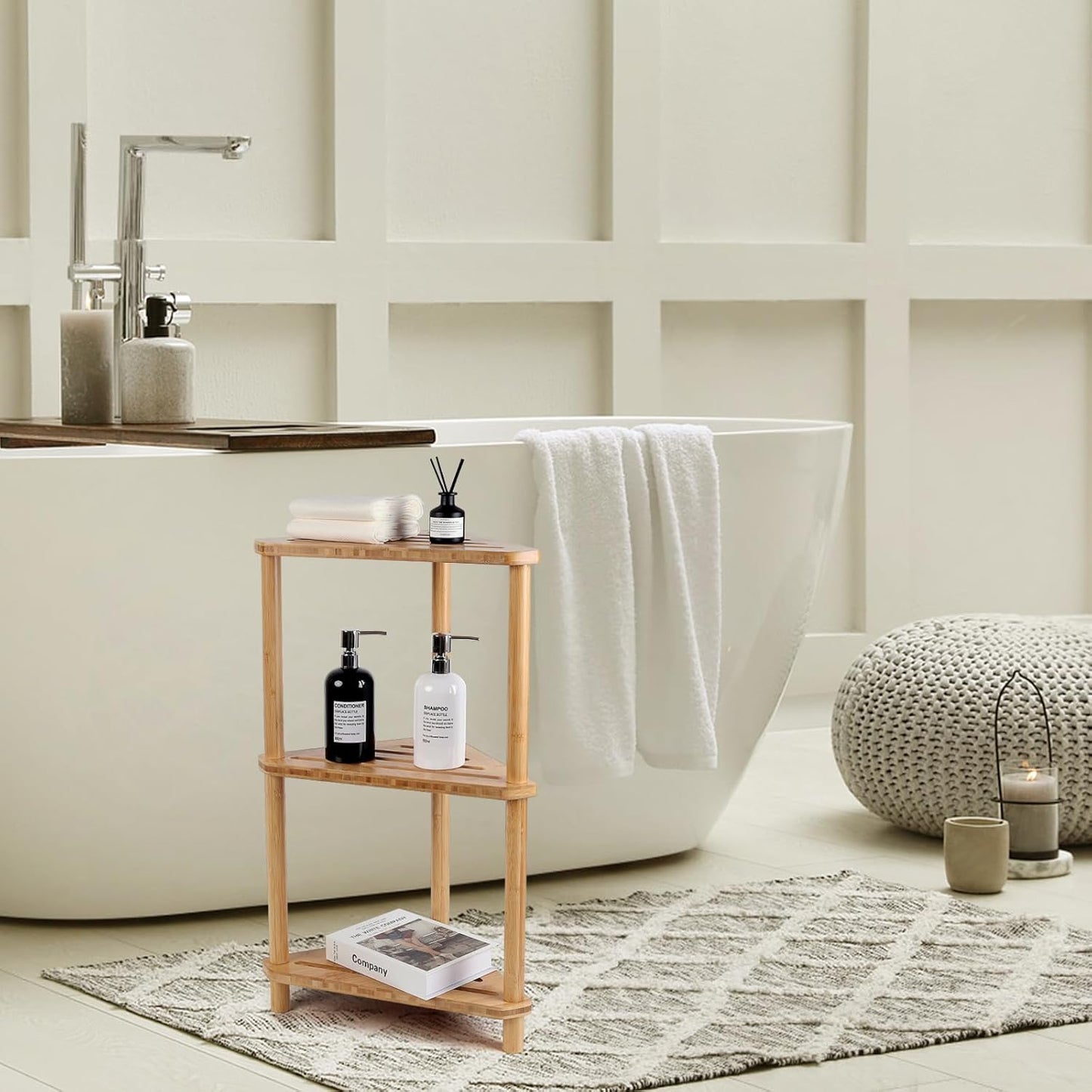 Bamboo Corner Shower Caddy Stand 3-Tier Waterproof,Free Standing Corner Shelf Shower Stool Organizer for Inside Shower,Space-Saving Storage Shelf with Anti-Slip Feet