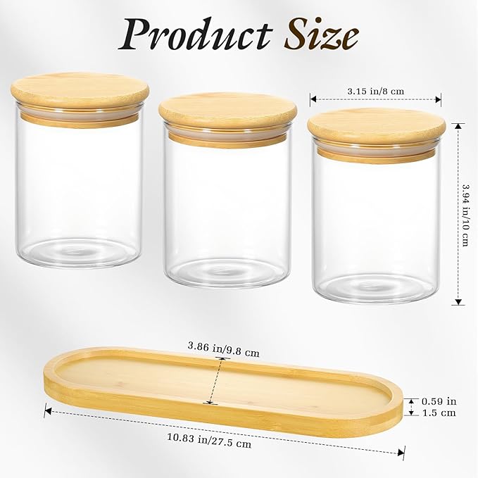 Luxspire Glass Qtip Holder with Vanity Tray, 3 Pack Cotton Swab Holder with Bamboo Lid, 13.4 oz Glass Apothecary Jars Bathroom Accessories Canisters for Cotton Swabs, Balls, Pads, Floss Picks