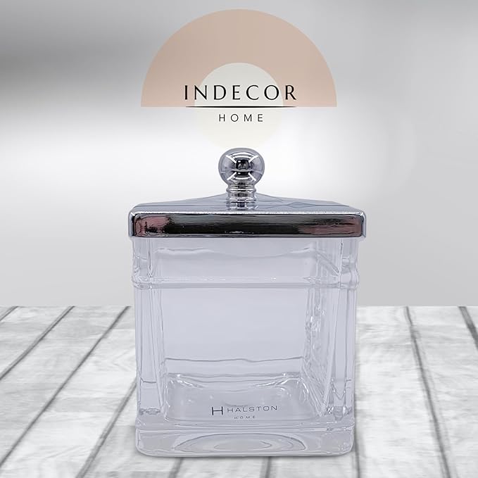 Apothecary Glass Cotton Jar Holder Silver Stainless Steel Lid, Elegant Bathroom Storage Canister for Qtips, Cotton Balls, Floss, Makeup Organizer, Vanity Bathroom Organization