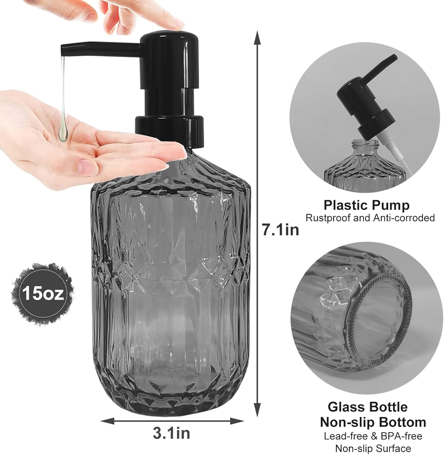 Glass Soap Dispenser with Black Pump, 15oz Refillable Liquid Hand Dispenser, Lotion Dish Soap Dispenser for Modern Home Decor, Bathroom, Kitchen Countertop, Hotel (Dark Grey)